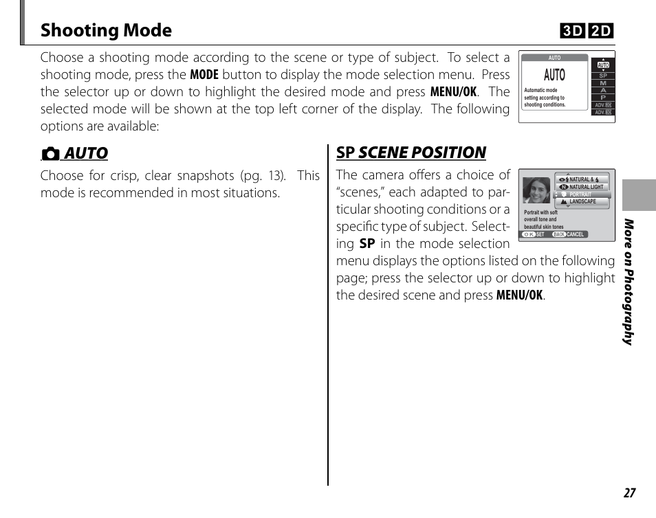 Shooting mode (3d, 2d), Auto, Sp scene position | Shooting mode cd, Bb auto auto, Sp sp scene position scene position | Cyclopital3D FinePix Real 3D W1 camera User Manual | Page 41 / 128