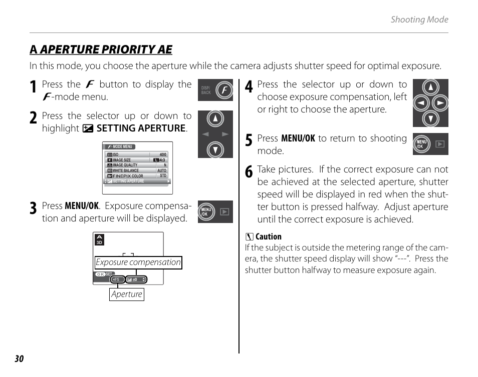 A aperture priority ae, Aa aperture priority ae aperture priority ae | Cyclopital3D FinePix Real 3D W1 camera User Manual | Page 44 / 128