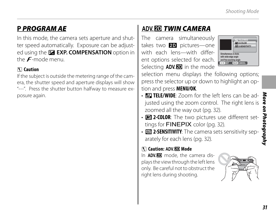 P program ae, Adv.2d twin camera, Pp program ae program ae | Bb twin camera twin camera | Cyclopital3D FinePix Real 3D W1 camera User Manual | Page 45 / 128