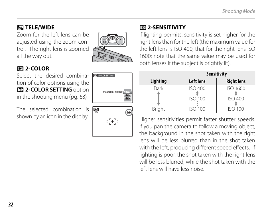 Tele/wide, Color, Sensitivity | Cyclopital3D FinePix Real 3D W1 camera User Manual | Page 46 / 128