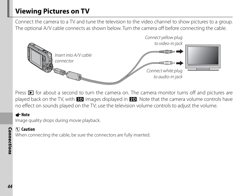 Connections, Viewing pictures on tv | Cyclopital3D FinePix Real 3D W1 camera User Manual | Page 58 / 128
