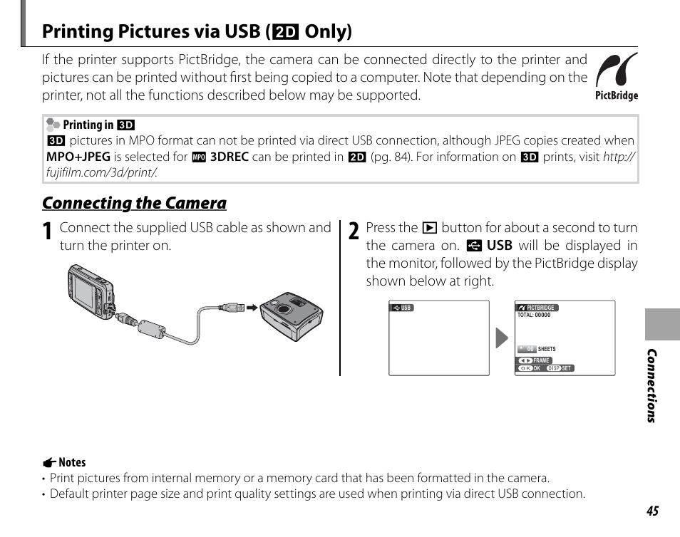 Printing pictures via usb (2d only), Connecting the camera, Printing pictures via usb ( d only) | Cyclopital3D FinePix Real 3D W1 camera User Manual | Page 59 / 128