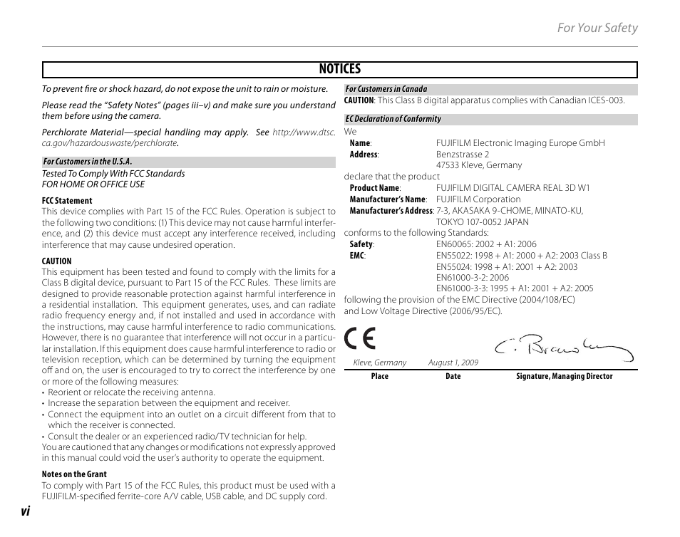 Notices, For your safety | Cyclopital3D FinePix Real 3D W1 camera User Manual | Page 6 / 128