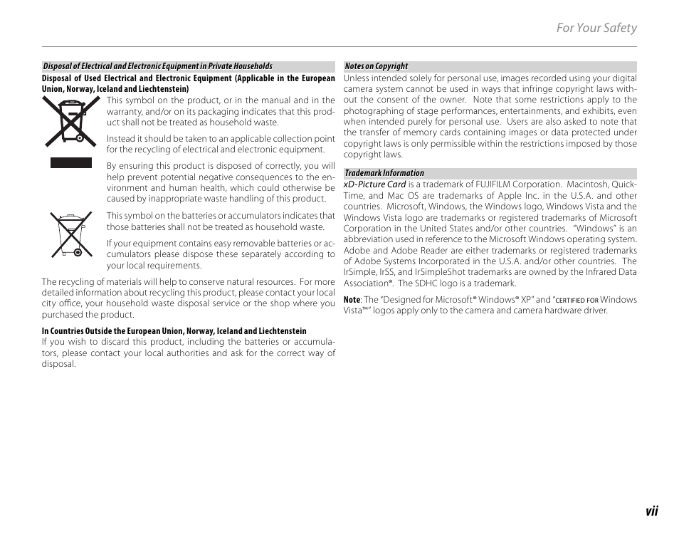 For your safety | Cyclopital3D FinePix Real 3D W1 camera User Manual | Page 7 / 128