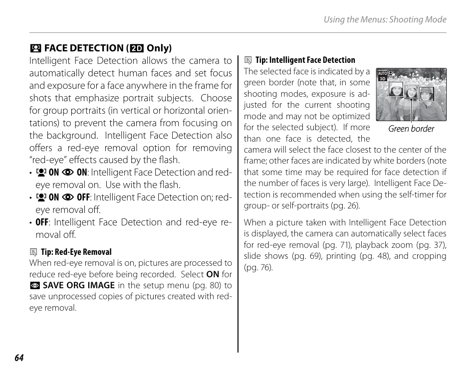 Face detection (2d only) | Cyclopital3D FinePix Real 3D W1 camera User Manual | Page 78 / 128
