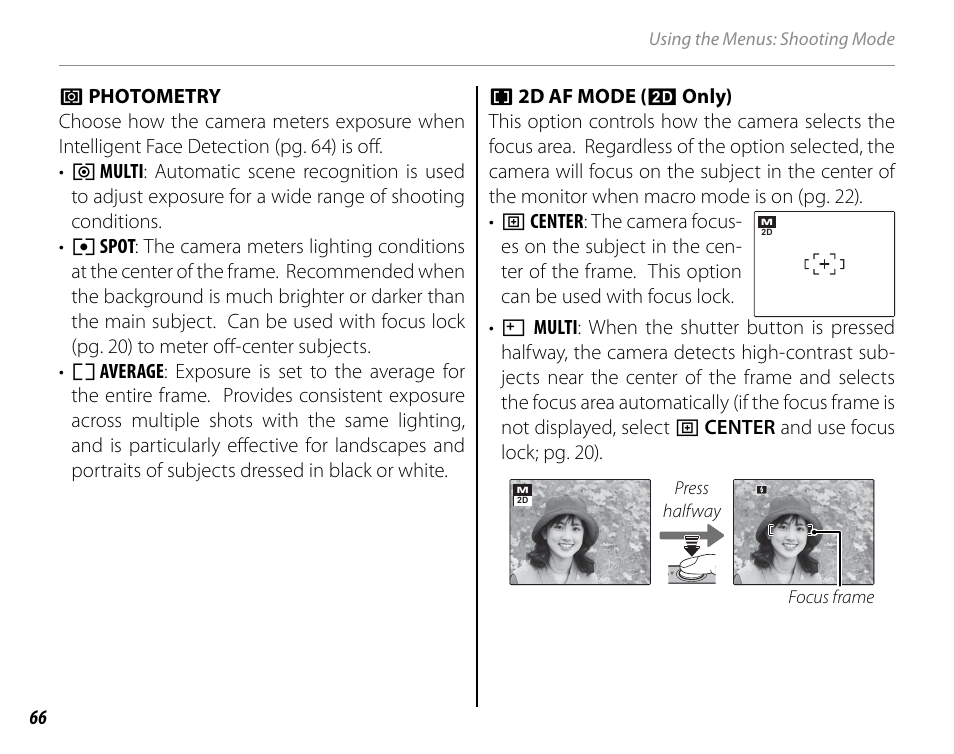 Photometry, 2d af mode (2d only) | Cyclopital3D FinePix Real 3D W1 camera User Manual | Page 80 / 128