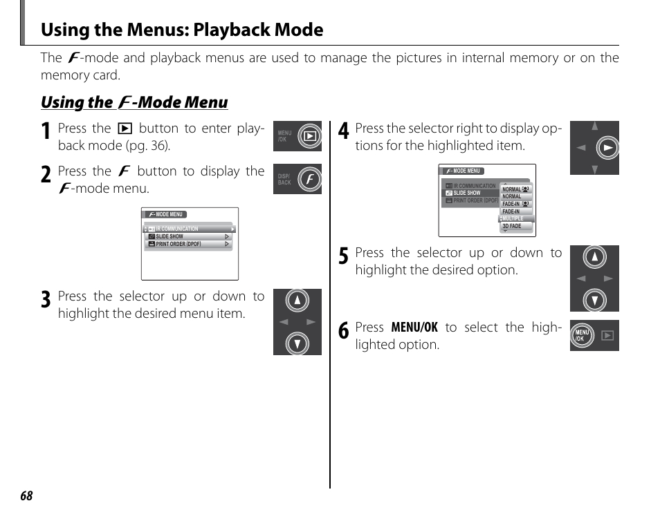 Using the menus: playback mode, Using the f-mode menu, Using the | Using the f f -mode menu -mode menu | Cyclopital3D FinePix Real 3D W1 camera User Manual | Page 82 / 128