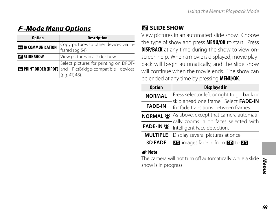 F-mode menu options, Slide show, Ff -mode menu options -mode menu options | Cyclopital3D FinePix Real 3D W1 camera User Manual | Page 83 / 128