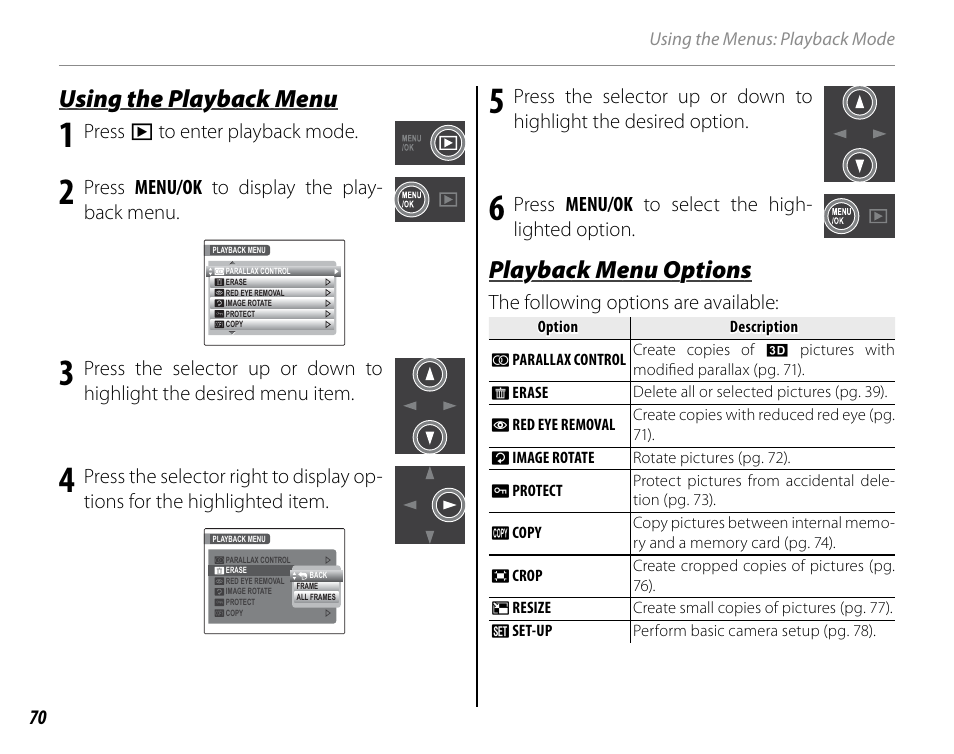 Using the playback menu, Playback menu options | Cyclopital3D FinePix Real 3D W1 camera User Manual | Page 84 / 128