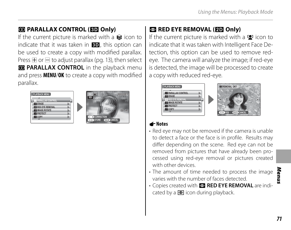 Parallax control (3d only), Red eye removal (2d only) | Cyclopital3D FinePix Real 3D W1 camera User Manual | Page 85 / 128