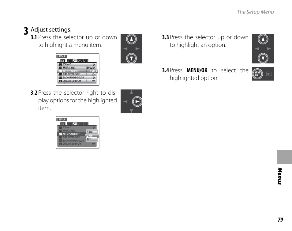 Adjust settings, Men u s the setup menu | Cyclopital3D FinePix Real 3D W1 camera User Manual | Page 93 / 128