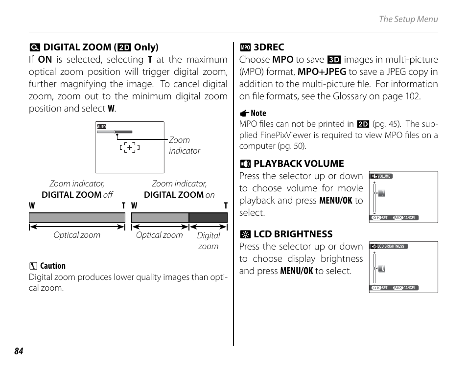 Digital zoom (2d only), 3drec, Playback volume | Lcd brightness | Cyclopital3D FinePix Real 3D W1 camera User Manual | Page 98 / 128
