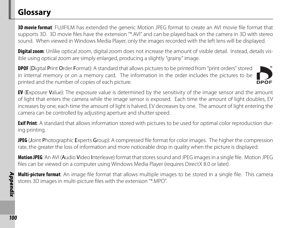 Glossary | Cyclopital3D FujiPix Real 3D W3 Camera User Manual | Page 116 / 124