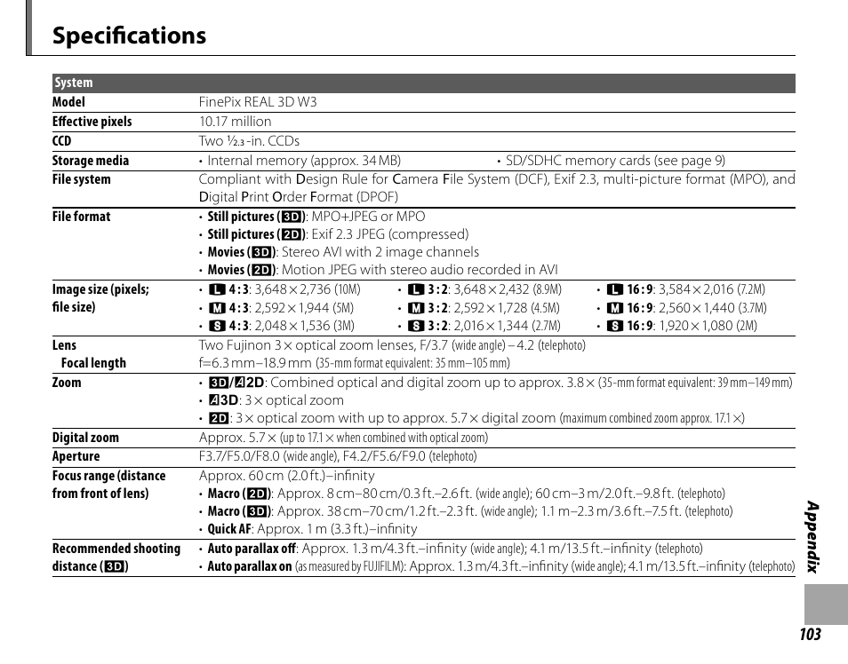 Specifi cations | Cyclopital3D FujiPix Real 3D W3 Camera User Manual | Page 119 / 124