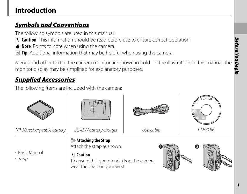 Introduction, Symbols and conventions, Supplied accessories | Cyclopital3D FujiPix Real 3D W3 Camera User Manual | Page 17 / 124
