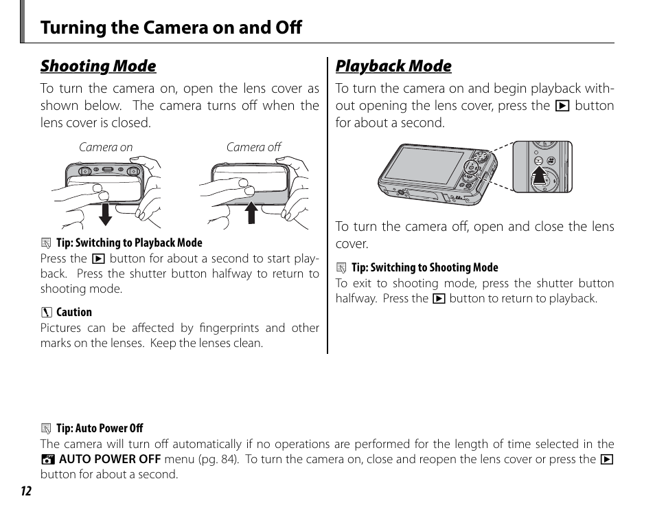 Turning the camera on and off, Shooting mode, Playback mode | Cyclopital3D FujiPix Real 3D W3 Camera User Manual | Page 28 / 124