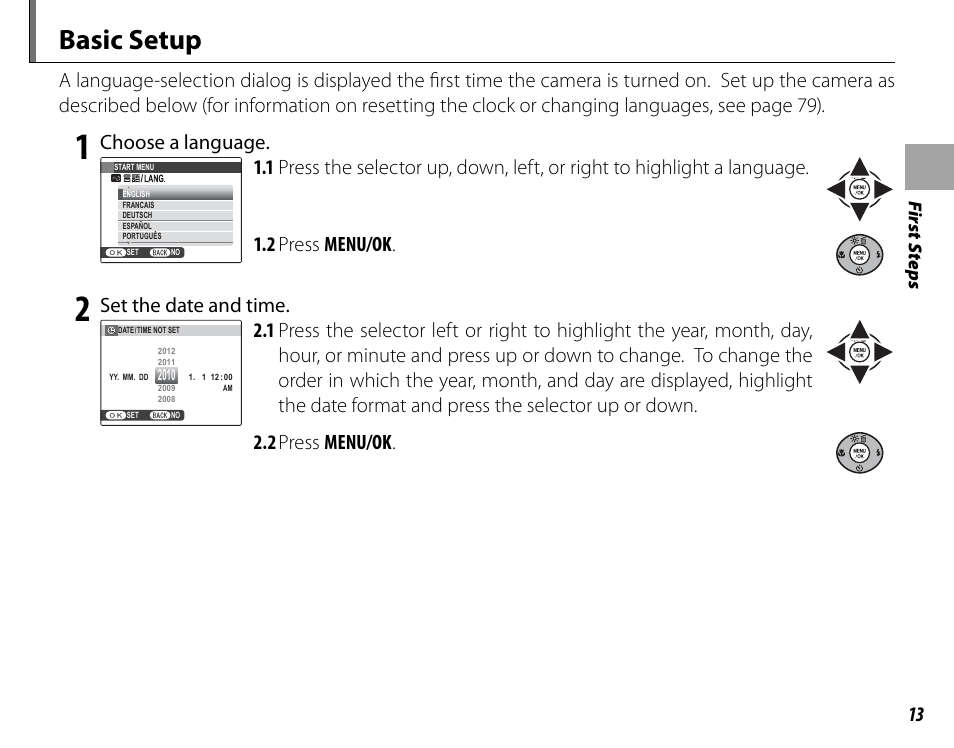Basic setup, Choose a language, Set the date and time | Cyclopital3D FujiPix Real 3D W3 Camera User Manual | Page 29 / 124