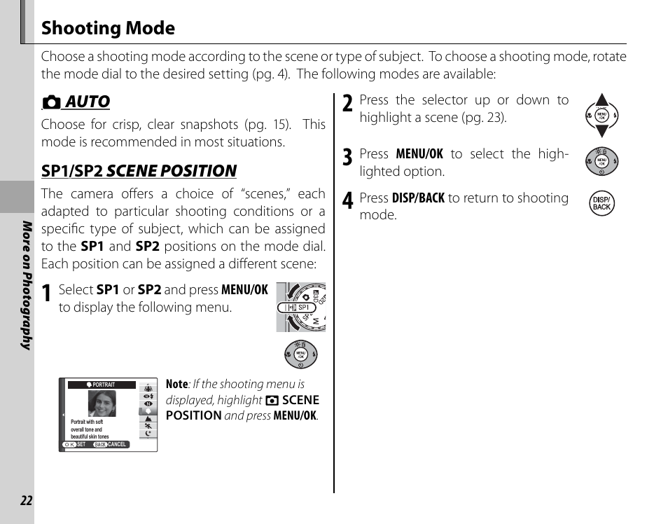 Shooting mode, Bb auto auto, Sp1/sp2 sp1/sp2 scene position scene position | Cyclopital3D FujiPix Real 3D W3 Camera User Manual | Page 38 / 124