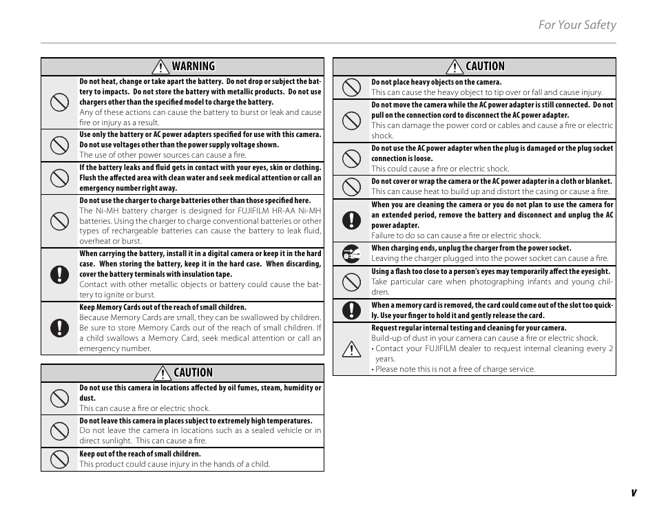 For your safety warning warning, Caution | Cyclopital3D FujiPix Real 3D W3 Camera User Manual | Page 5 / 124