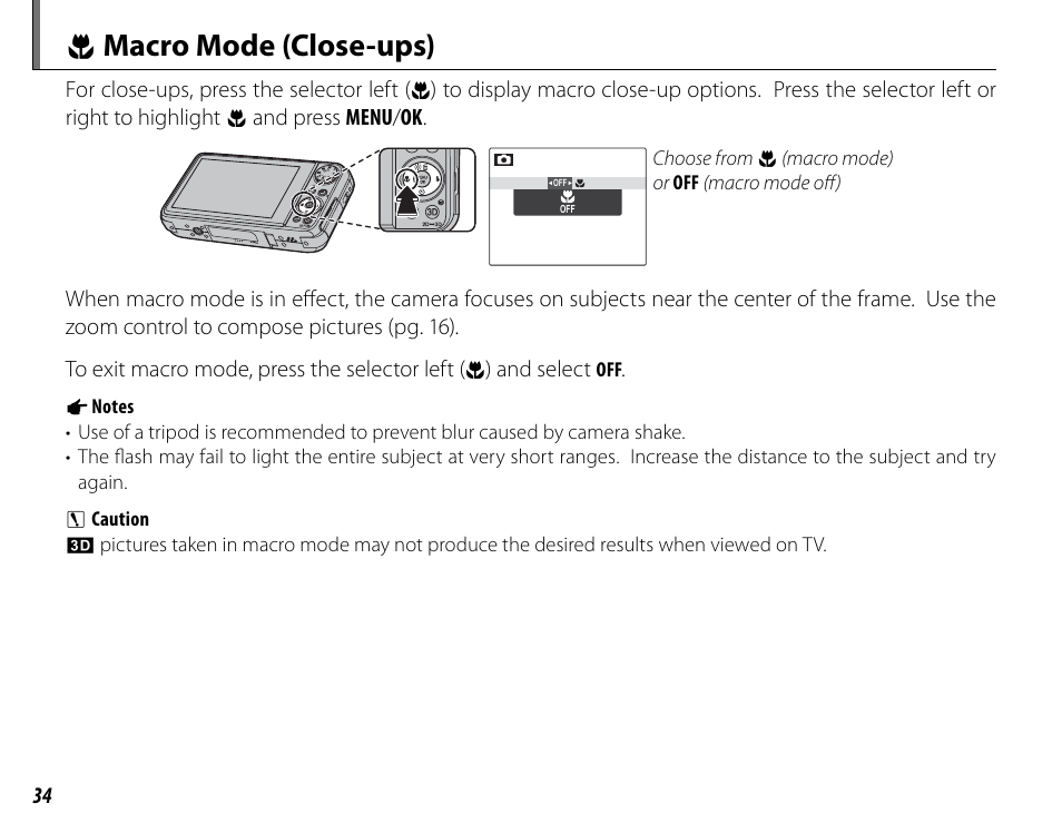 F macro mode (close-ups) | Cyclopital3D FujiPix Real 3D W3 Camera User Manual | Page 50 / 124