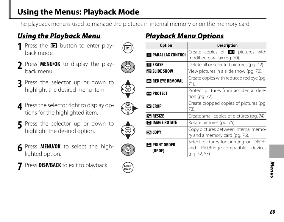 Using the menus: playback mode, Using the playback menu, Playback menu options | Cyclopital3D FujiPix Real 3D W3 Camera User Manual | Page 85 / 124