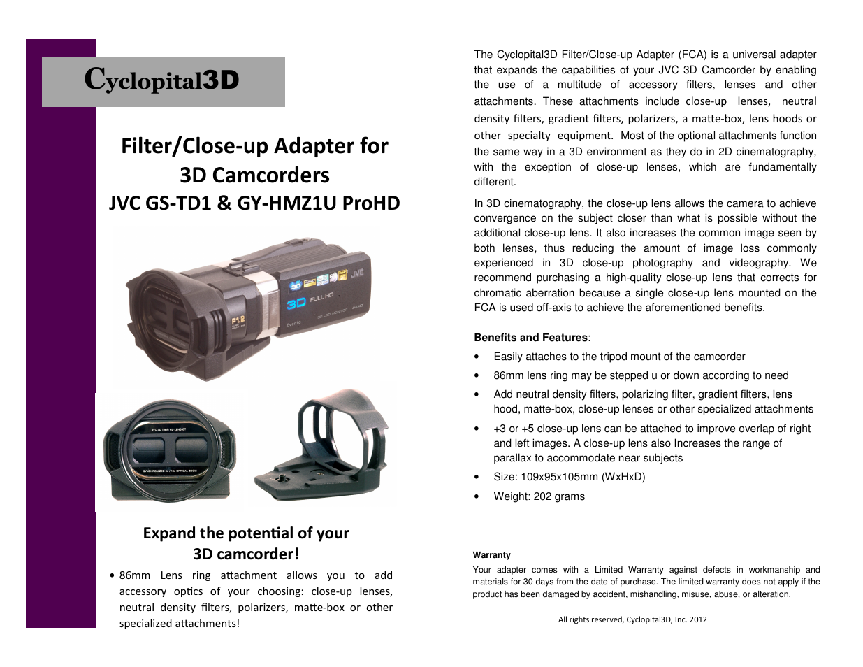Cyclopital3D JVC Filter/Close-up Adapter User Manual | 1 page