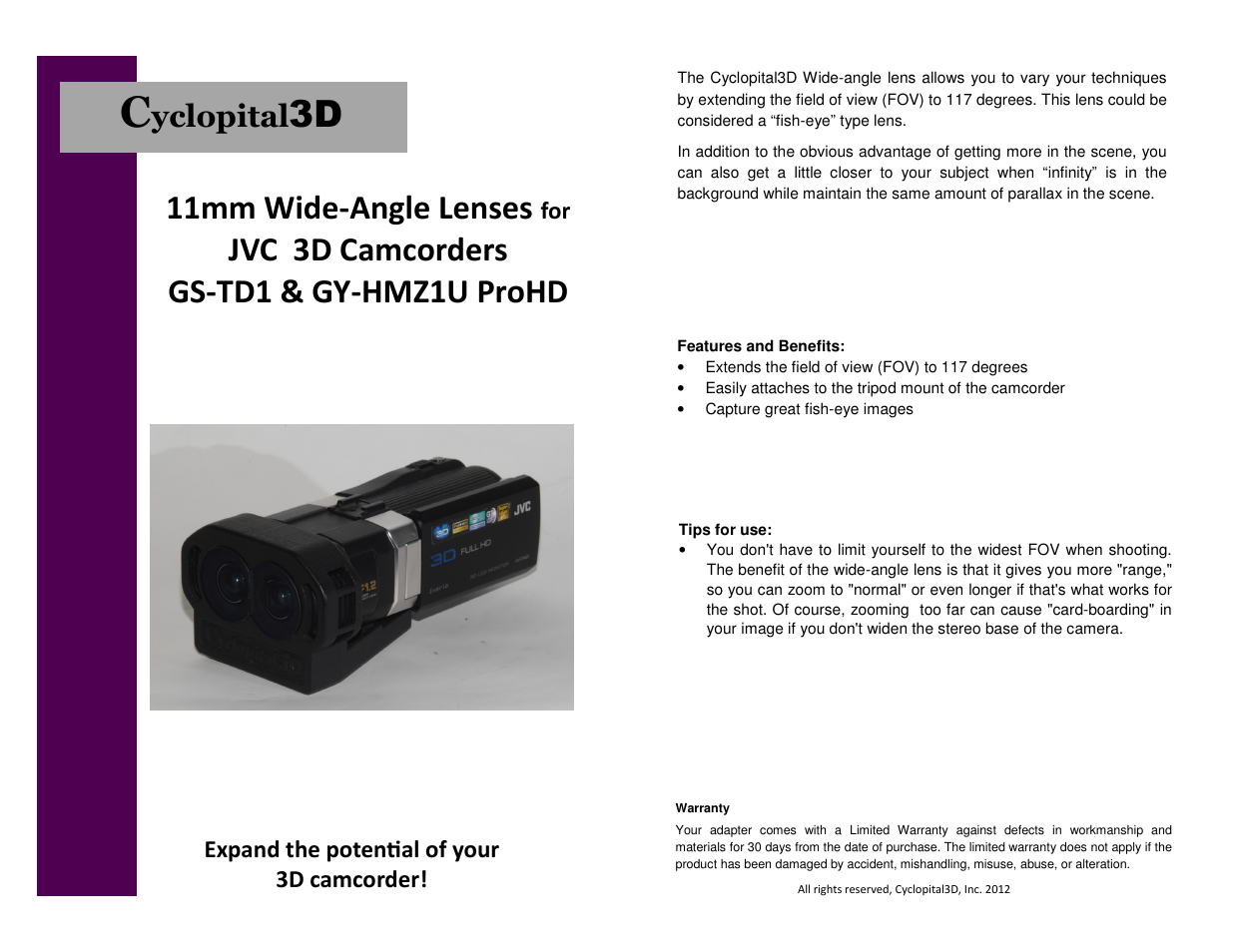 Cyclopital3D JVC 11mm Wide-angle Lens User Manual | 1 page