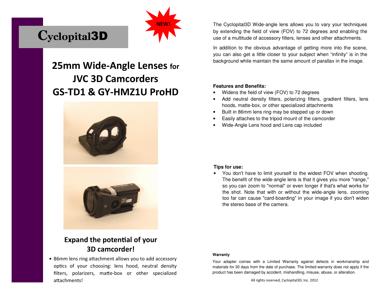 Cyclopital3D JVC 25mm Wide-angle Lens User Manual | 1 page