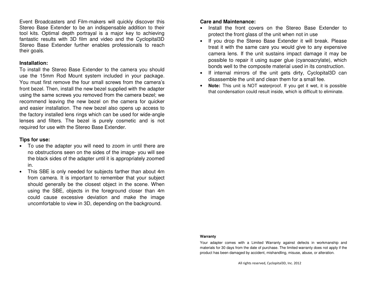 Cyclopital3D Panasonic 3DA1 Stereo Base Extender User Manual | Page 2 / 2