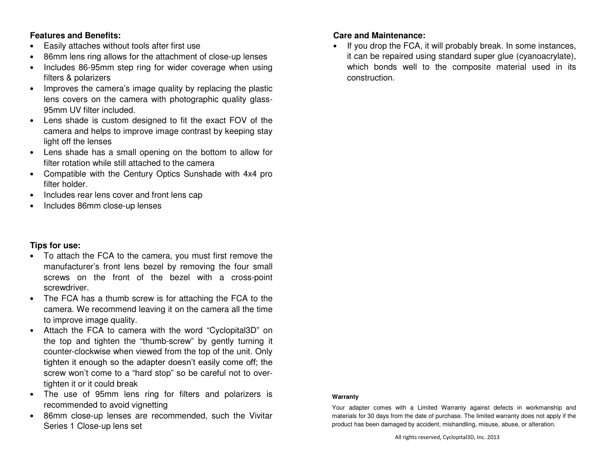 Cyclopital3D Panasonic Z10000 Filter/Close-up Adapter User Manual | Page 2 / 2
