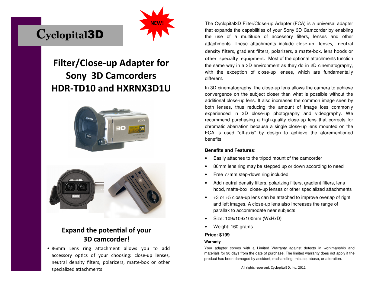 Cyclopital3D Sony HDR-TD10 & HXRNX3D1U Filter/Close-up Adapter User Manual | 1 page