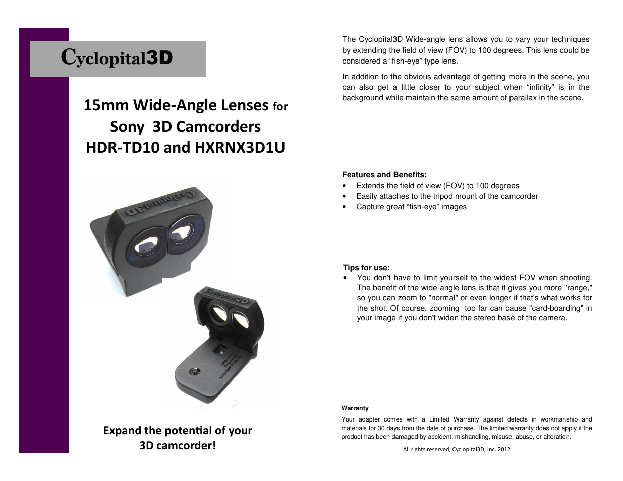 Cyclopital3D Sony HDR-TD10 & HXRNX3D1U 15mm Wide-angle Lens User Manual | 1 page