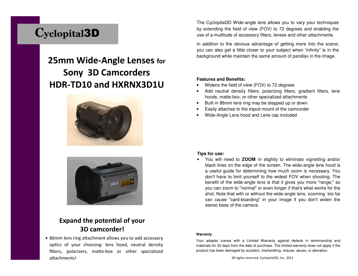 Cyclopital3D Sony HDR-TD10 & HXRNX3D1U 25mm Wide-angle Lens User Manual | 1 page
