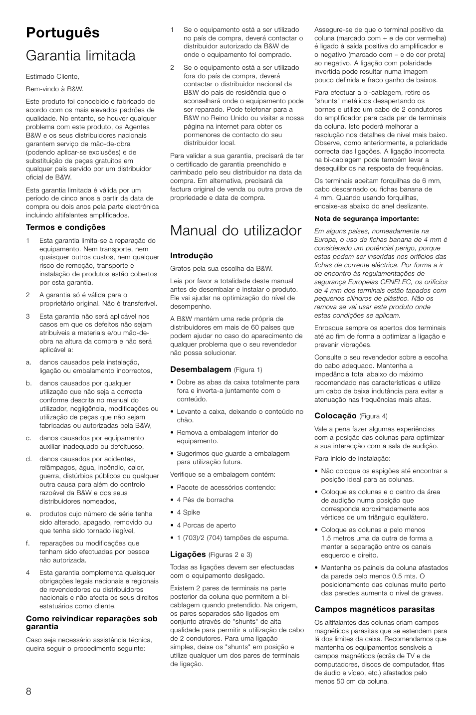 Português garantia limitada, Manual do utilizador | Bowers & Wilkins 703 User Manual | Page 11 / 33