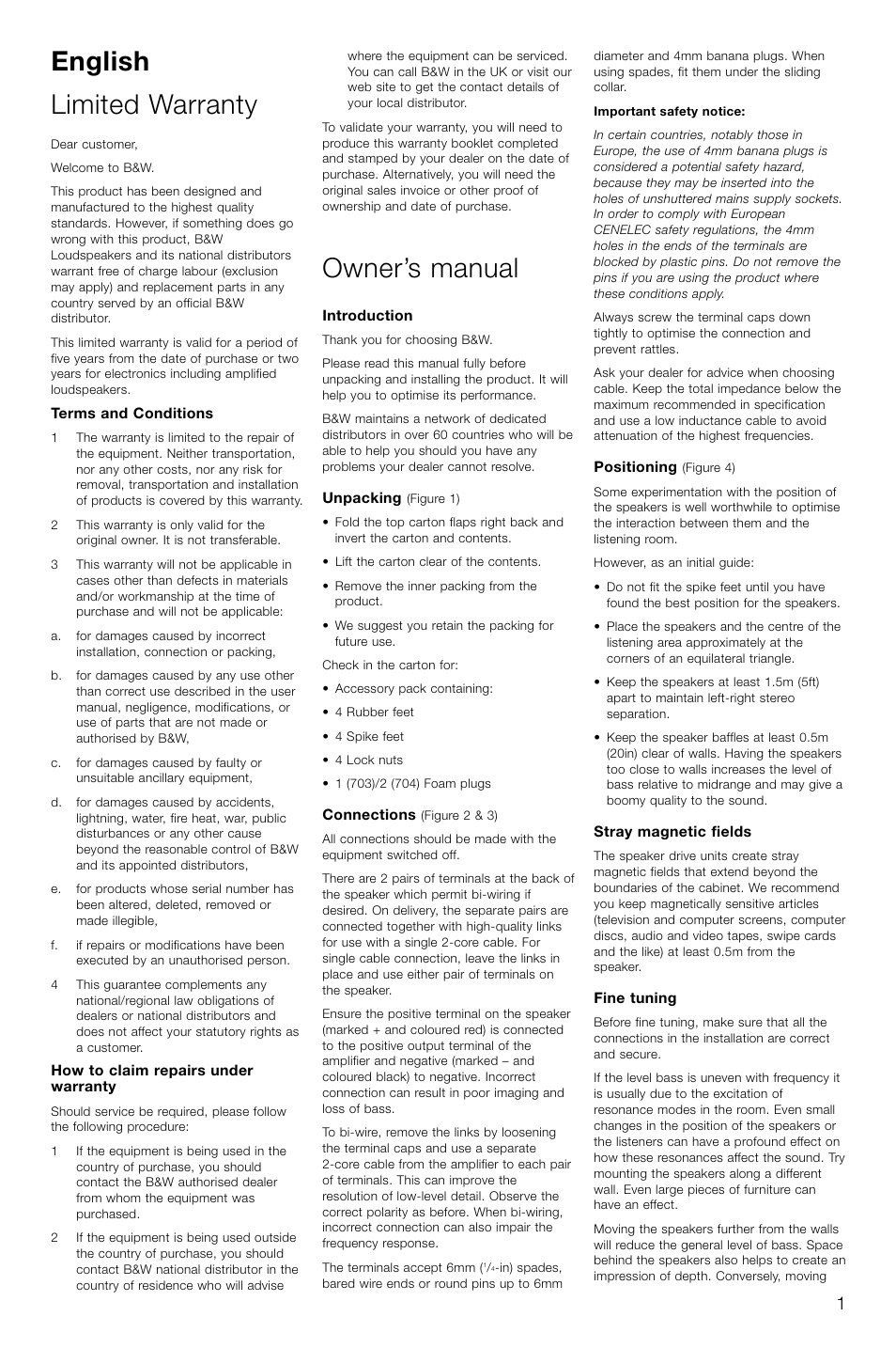 English limited warranty, Owner’s manual | Bowers & Wilkins 703 User Manual | Page 4 / 33