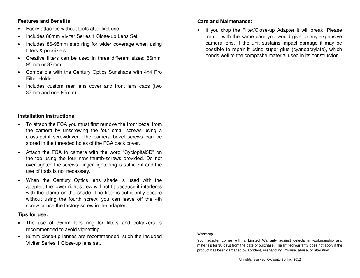 Cyclopital3D Sony PMW-TD300 Filter/Close-up Adapter User Manual | Page 2 / 2