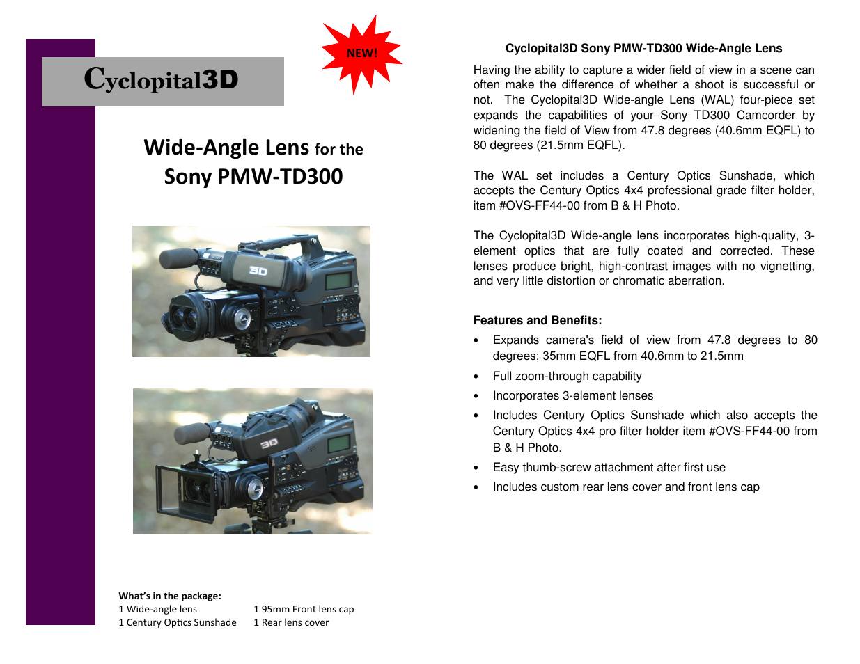 Cyclopital3D Sony PMW-TD300 Wide-angle Lens User Manual | 2 pages