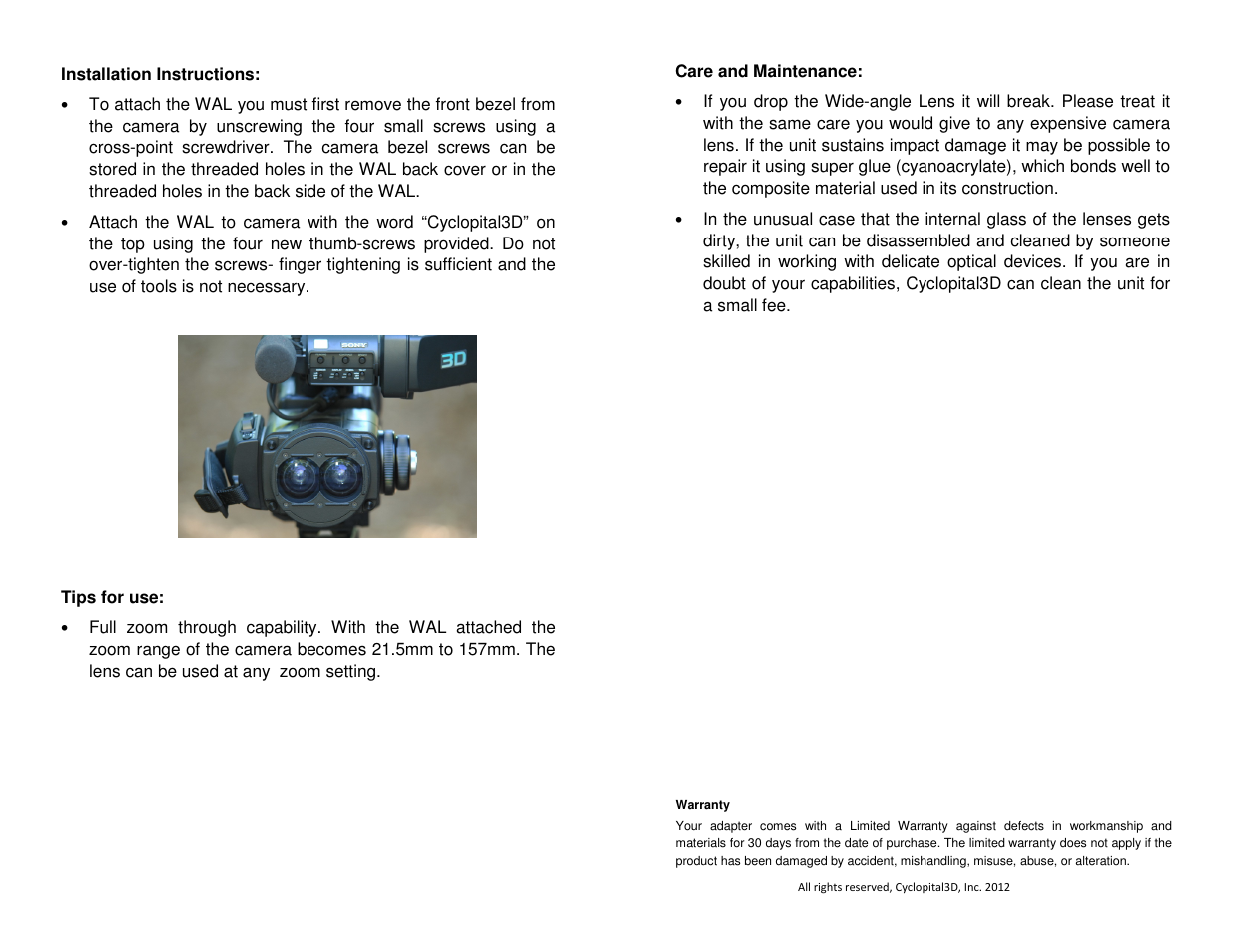 Cyclopital3D Sony PMW-TD300 Wide-angle Lens User Manual | Page 2 / 2