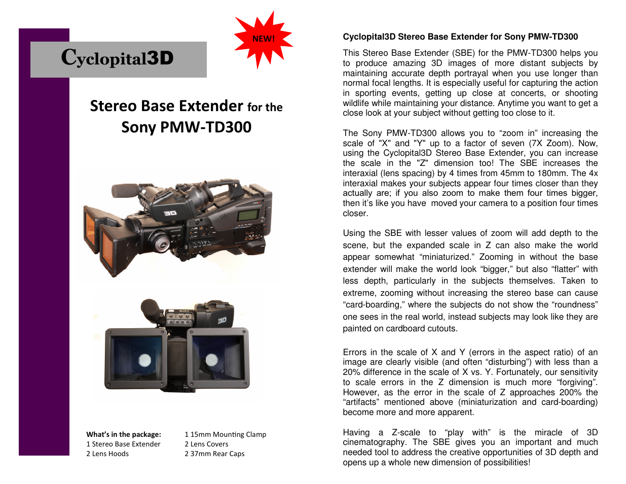 Cyclopital3D Sony PMW-TD300 Stereo Base Extender User Manual | 2 pages
