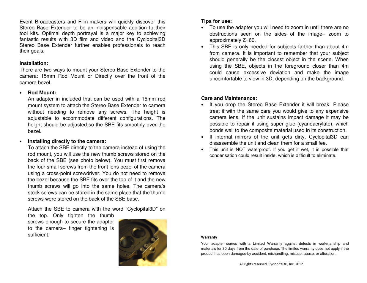 Cyclopital3D Sony PMW-TD300 Stereo Base Extender User Manual | Page 2 / 2
