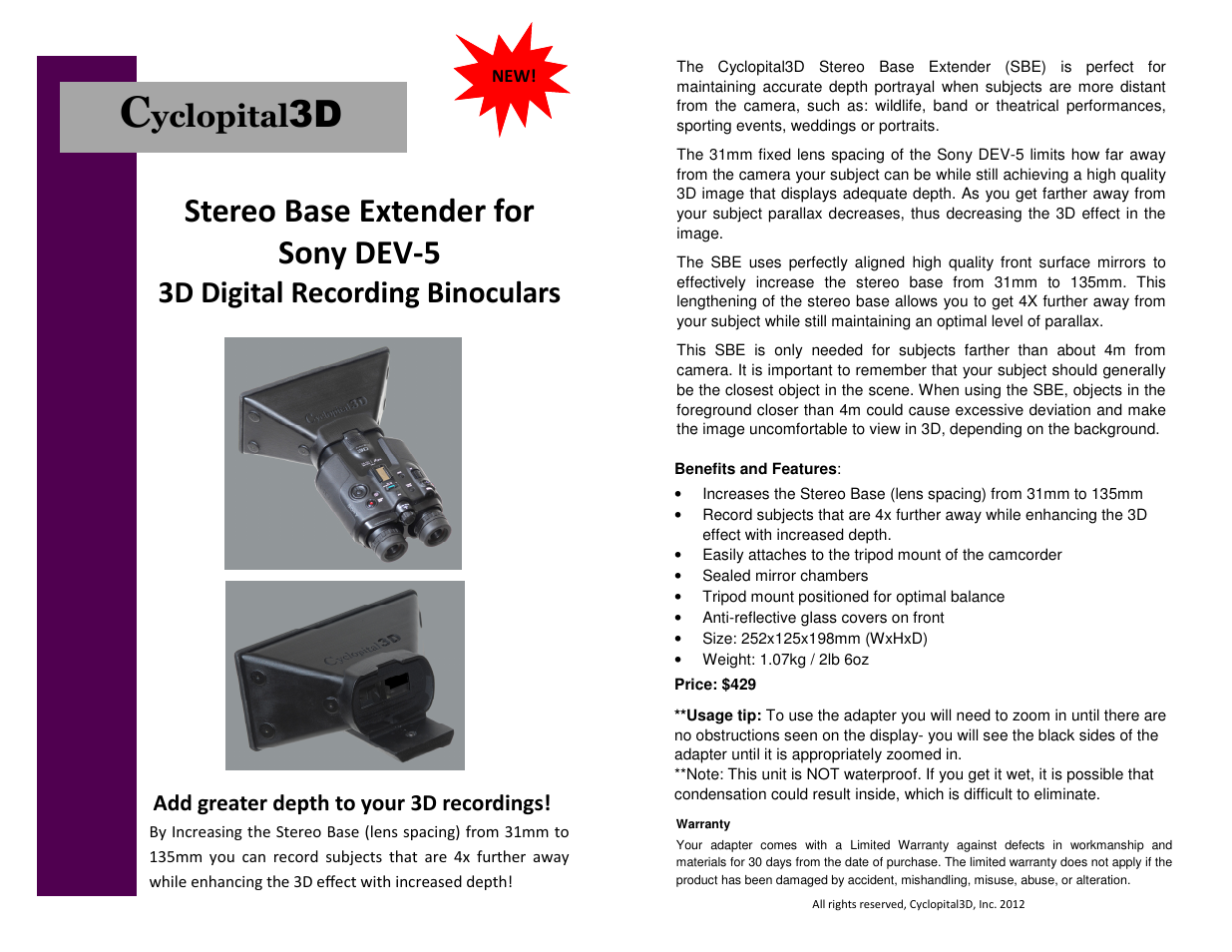Cyclopital3D Sony DEV-3 & DEV-5 Stereo Base Extender User Manual | 1 page