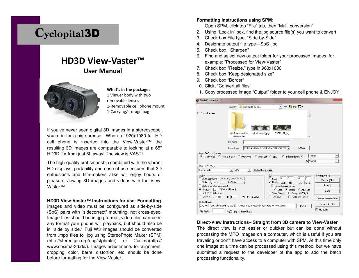 Cyclopital3D HD3D View-Vaster User Manual | 2 pages