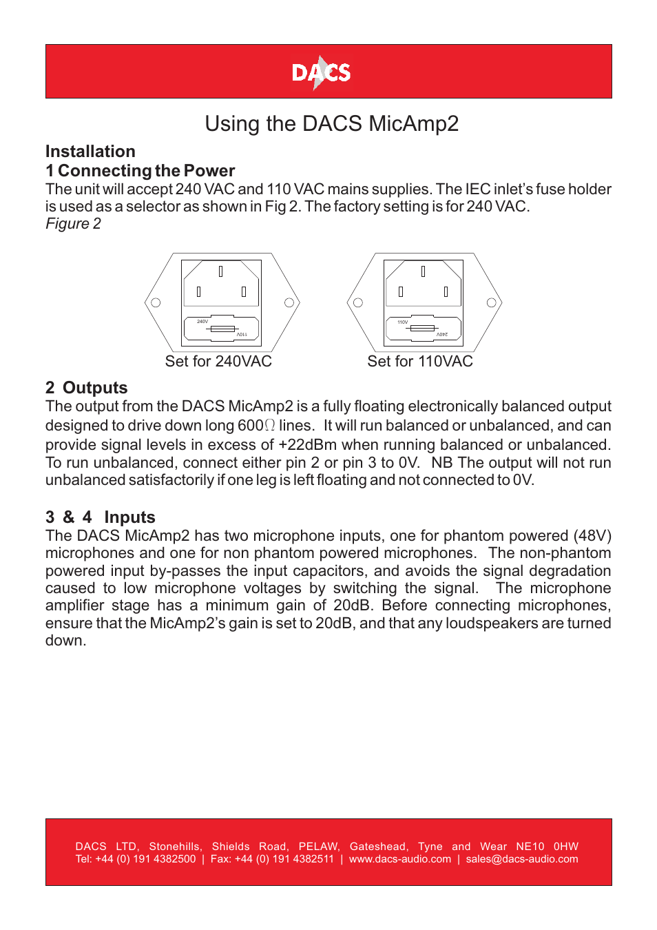 Using the dacs micamp2, Installation 1 connecting the power, 2 outputs | 3 & 4 inputs, Set for 240vac, Set for 110vac | DACS Audio MicAmp2 User Manual | Page 4 / 8