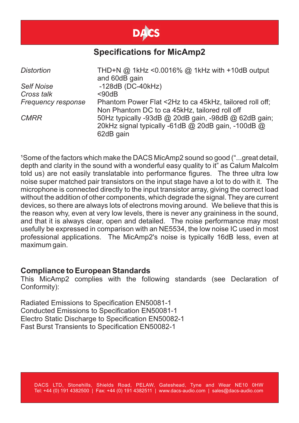 Specifications for micamp2 | DACS Audio MicAmp2 User Manual | Page 7 / 8