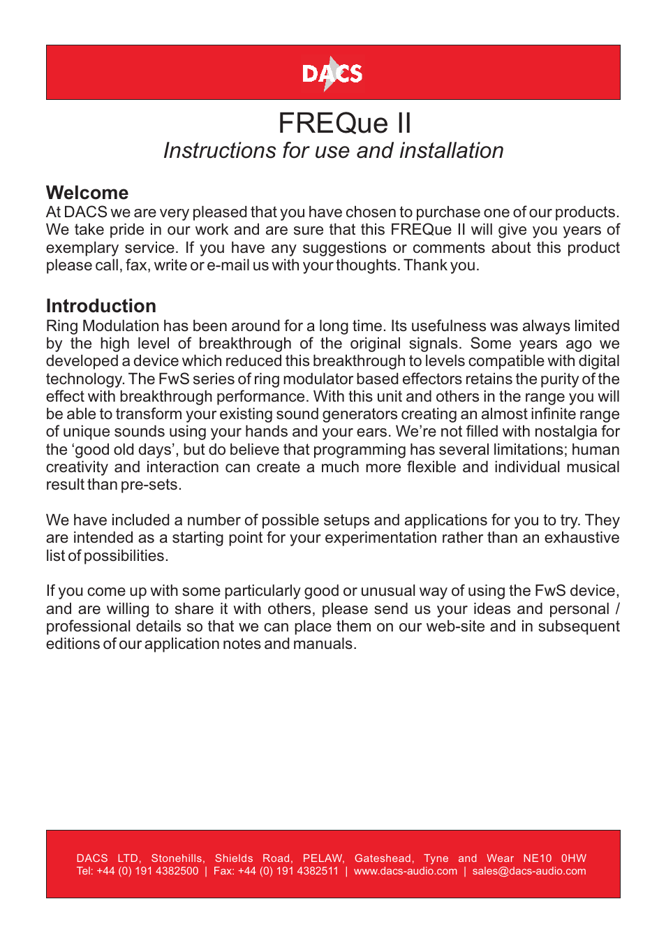 Freque ii, Instructions for use and installation | DACS Audio FREQue II User Manual | Page 2 / 8