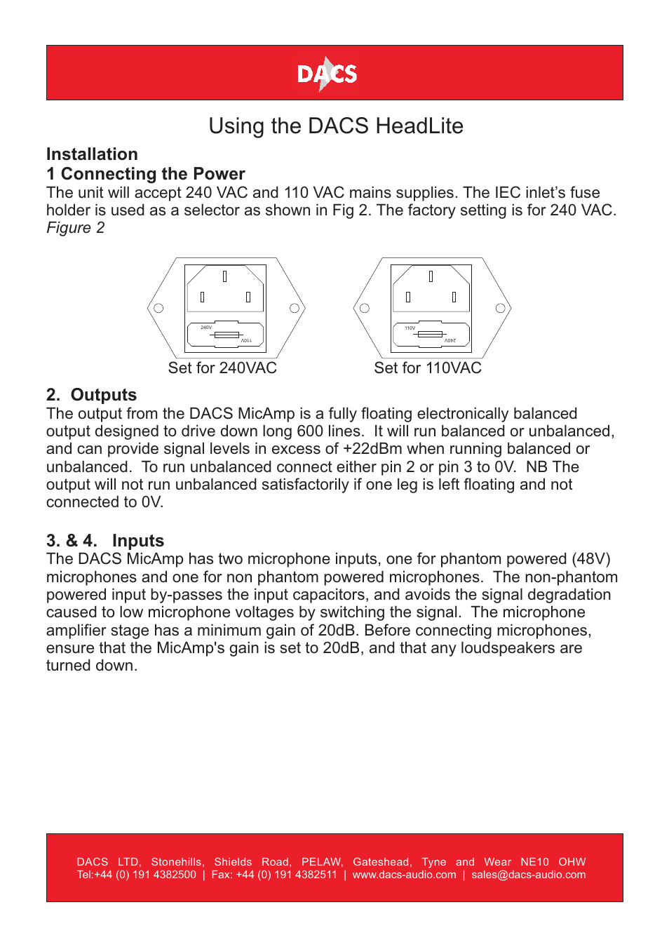 Using the dacs headlite, Installation 1 connecting the power, Outputs | & 4. inputs, Set for 240vac, Set for 110vac | DACS Audio MicAmp User Manual | Page 4 / 8