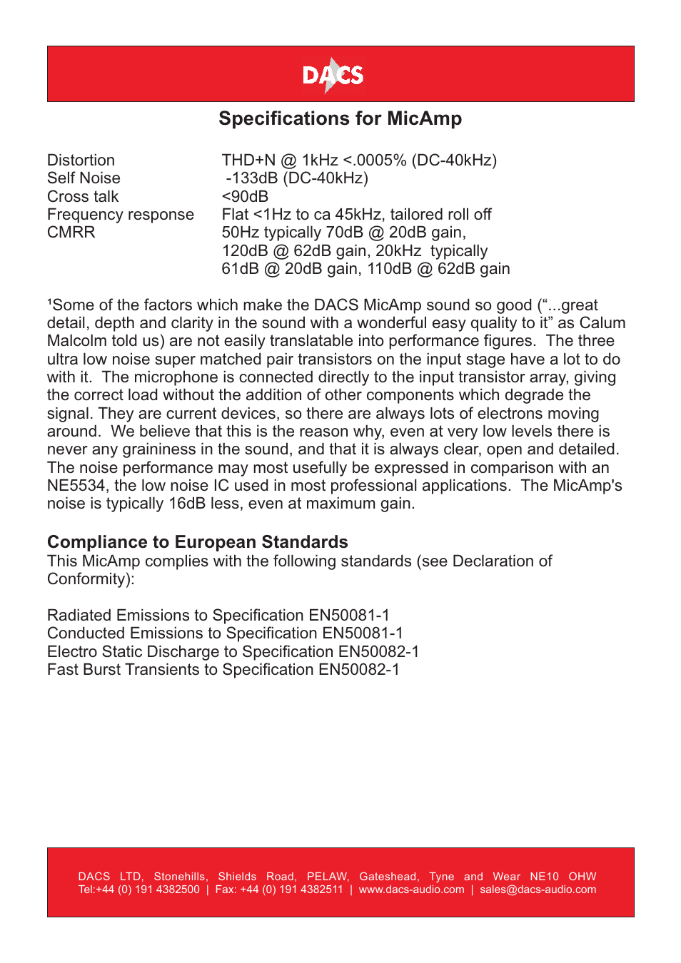 Specifications for micamp | DACS Audio MicAmp User Manual | Page 7 / 8