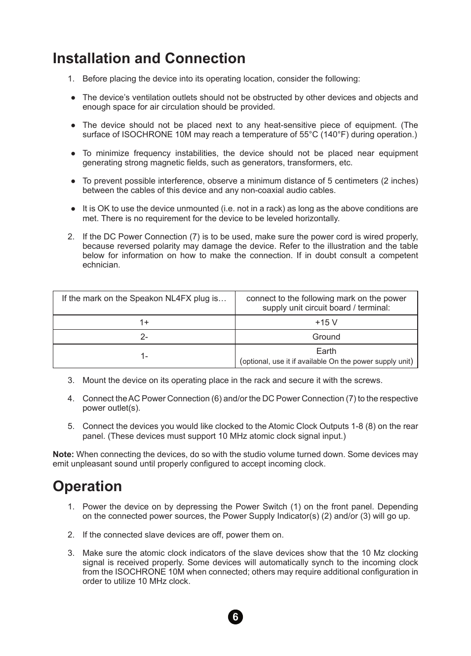 Installation and connection, Operation | Antelope Audio 10M Atomic Clock User Manual | Page 8 / 12