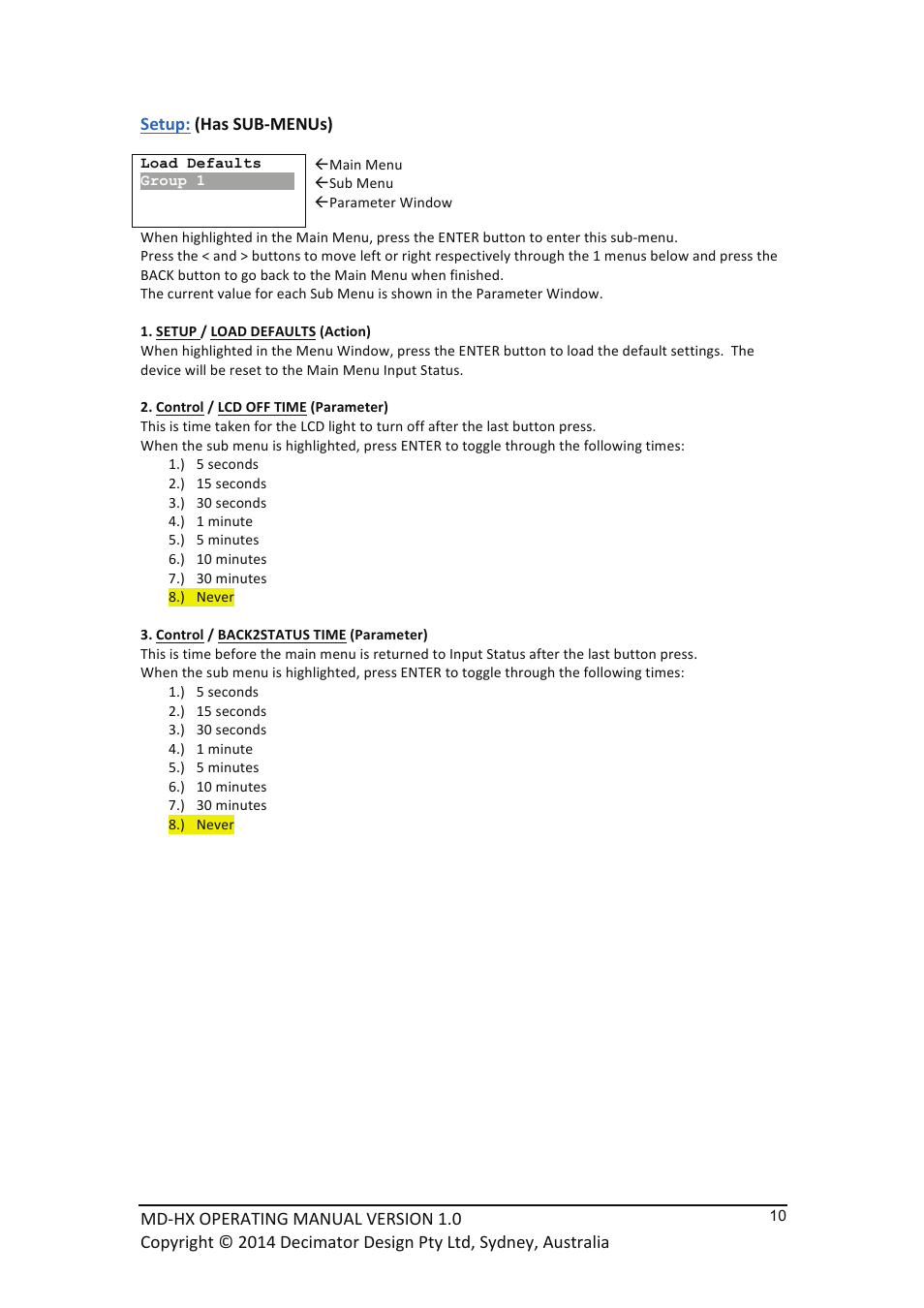 Setup: (has sub-­‐menus) | Decimator Design MD-HX User Manual | Page 10 / 11