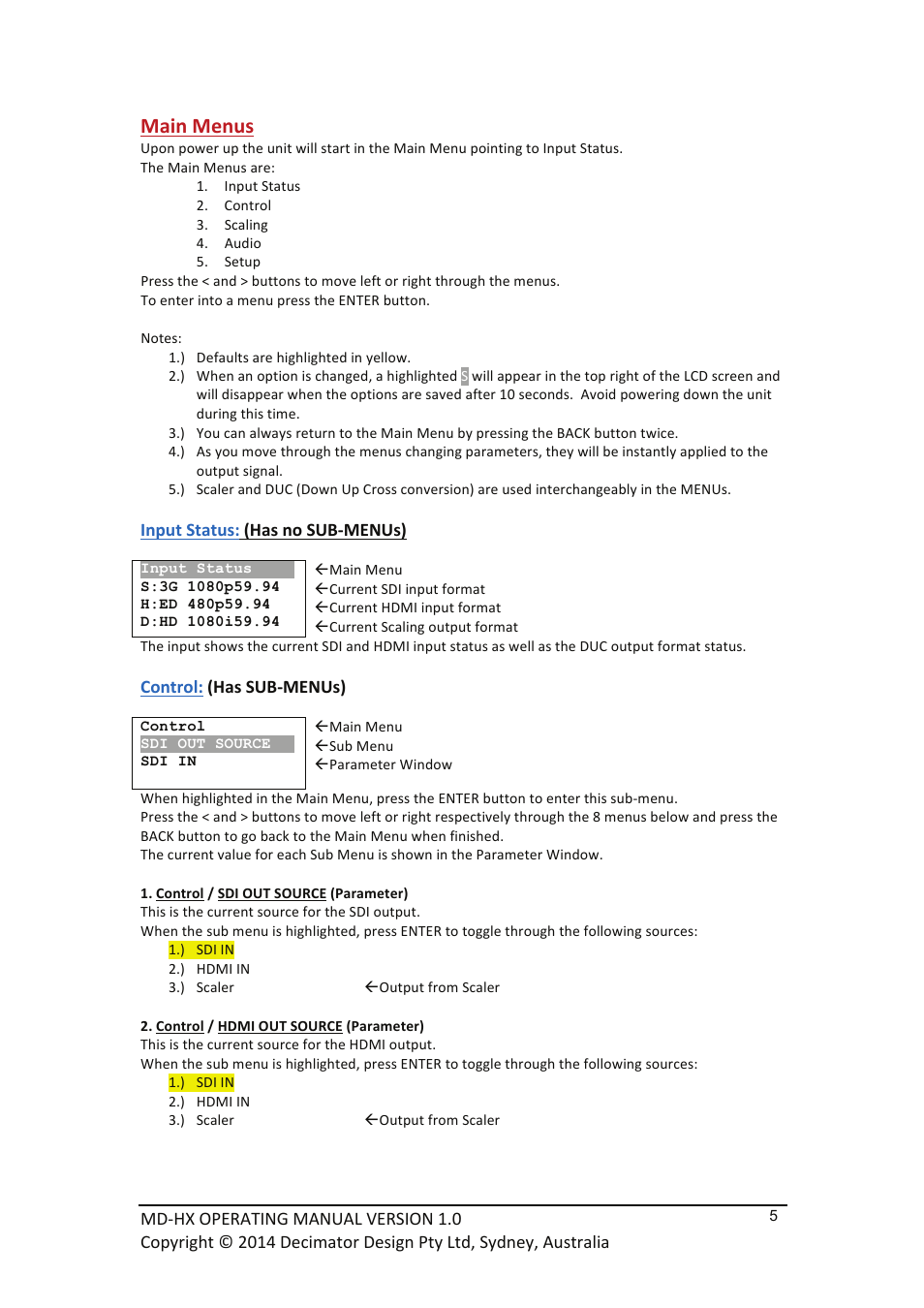 Main menus, Input status: (has no sub-­‐menus), Control: (has sub-­‐menus) | Decimator Design MD-HX User Manual | Page 5 / 11